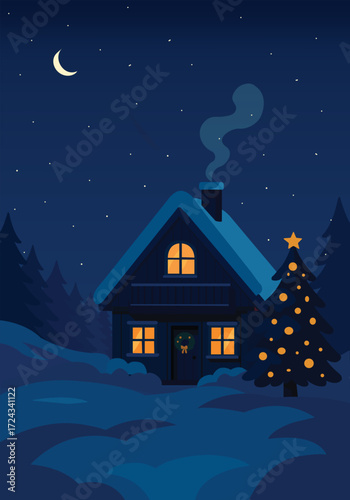 christmas night landscape, house in the snow with tree