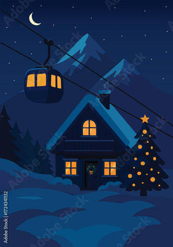 Winter night, winter landscape, mountain with snow. Ski resort, houses in the mountains. Ski lifts