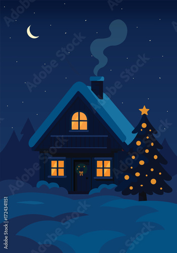 Christmas night in the village. Christmas tree and snow