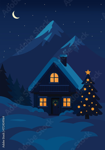Winter night, winter landscape, mountain with snow. Ski resort, houses in the mountains.