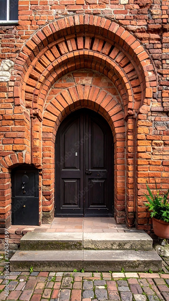 Fototapeta premium Ancient brick archway with dark wooden door
