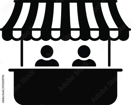 Black and white icon of a market stall with two vendors