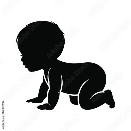 Black silhouette of a baby crawling on white infant