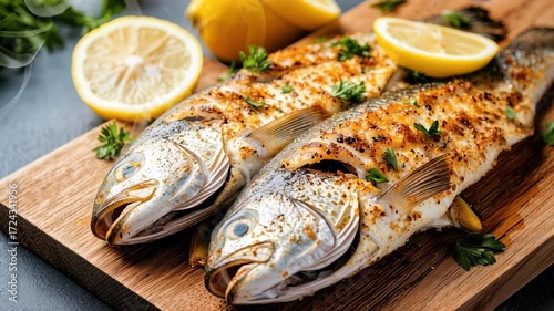 Grilled fish on wooden board, garnished with lemon slices and fresh herbs, creates delightful seafood meal that showcases vibrant colors and evokes sense of culinary freshness and enjoyment