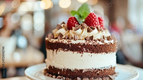 Gourmet chocolate cake with fresh raspberries and mint leaves, layered with creamy frosting and chocolate shavings, sweet dessert for any celebration at bakery