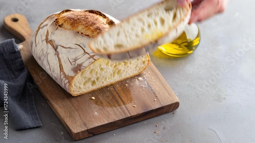 Freshly Baked Bread with Crispy Crust Sliced on Wooden Board, Olive Oil in Background Enhances Warm Kitchen Atmosphere for Delicious Food Experience