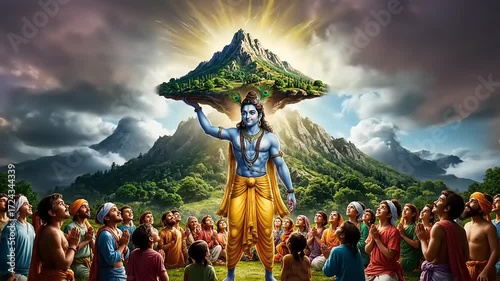 Krishna lifts Govardhan Hill.