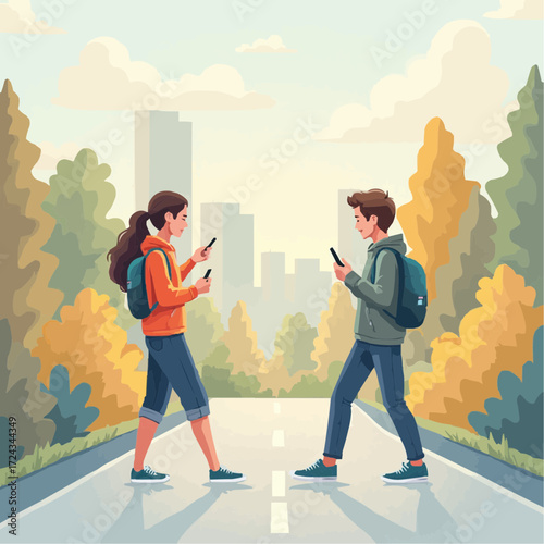 The silent disconnect Two young people, deeply focused on their smartphones, exemplify the prevalent digital distraction impacting social awareness and human interaction in a busy world