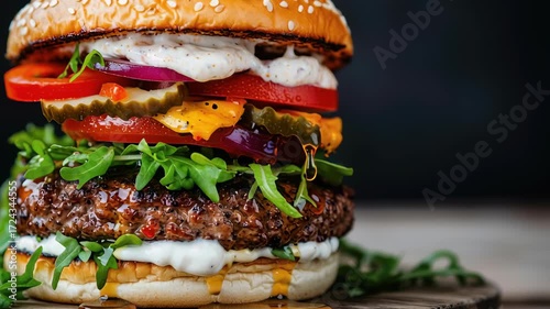 Mouthwatering burger experience with fresh lettuce, tomato, pickles, and cheese, all nestled in sesame seed bun, creating satisfying meal filled with vibrant flavors and textures