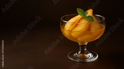 キャラメリゼ洋ナシのコンポート｜グラススイーツ/Caramelized Pear Compote｜Elegant Glass Dessert Generative AI