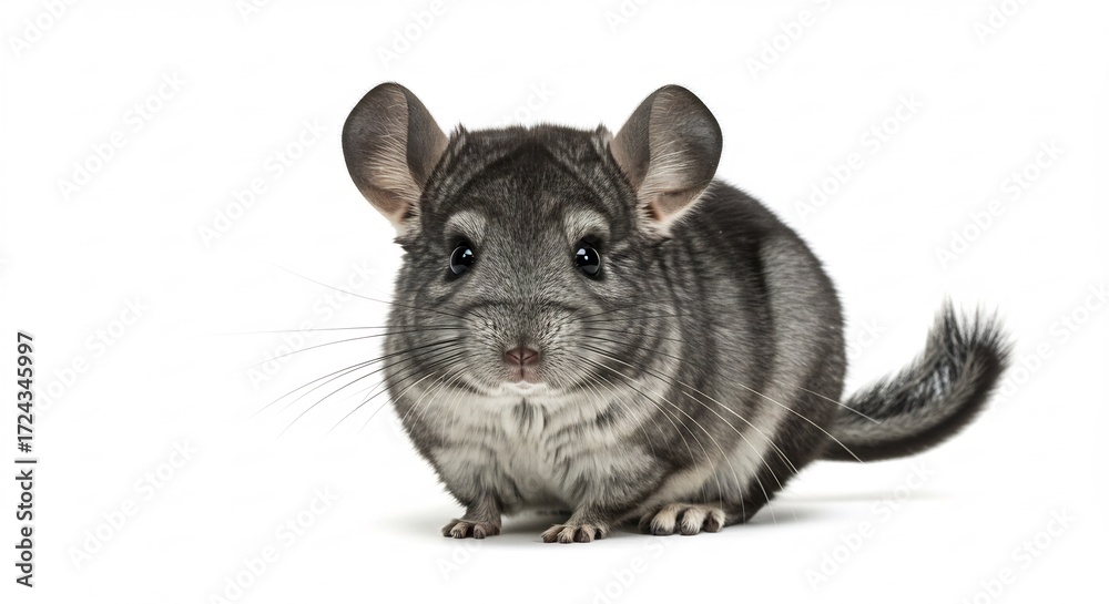 Fototapeta premium Adorable Chinchilla Poses Against White Background. AI Generated