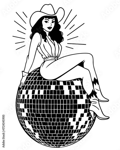 Retro cowgirl girl sitting on disco ball, glamorous vintage western style mixed with 70s party fashion