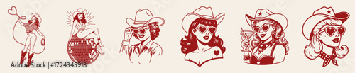 Vintage western cowgirl pinup set, stylish American retro women portraits from 50s 60s and 70s fashion era