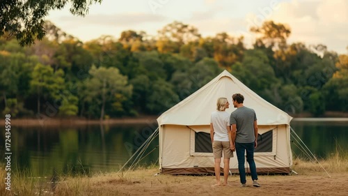Couple Embraces Adventure by Serene Lake, Surrounded by Lush Trees and Nature, Creating Perfect Summer Camping Experience Near Their Tent