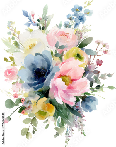 
Watercolor floral bouquet, pastel pink blue yellow green colors, simple clipart on white background

