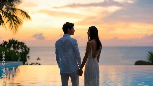 Couple Holding Hands by Tropical Infinity Pool, Gazing at Breathtaking Sunset Over Ocean, Creating Romantic Silhouette with Warm Colors Reflecting on Water