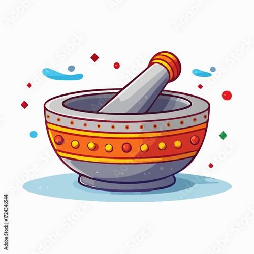 Gray Stone Mortar and Pestle with Orange and Yellow Accents