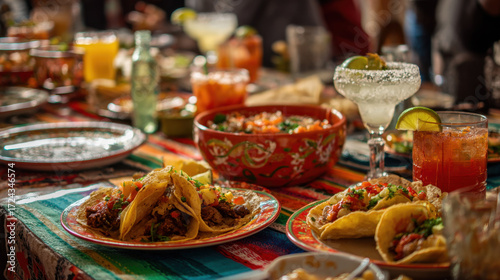 Colorful table setting with traditional Mexican food including tacos, fresh salads, drinks, and bright decorations in a festive atmosphere with vibrant colors.