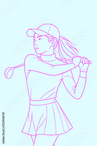 Female Golfer Outline Drawing – Woman Playing Golf Swing