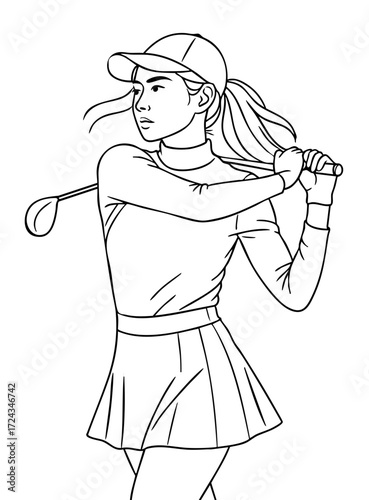 Female Golfer Outline Drawing – Woman Playing Golf Swing