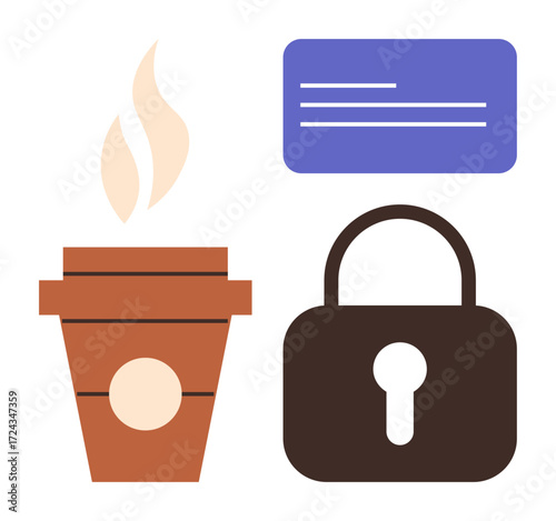 Coffee cup with steam, lock symbolizing security, and document with text lines. Ideal for productivity, focus, data protection, business, privacy workplace efficiency collaboration. A simple flat