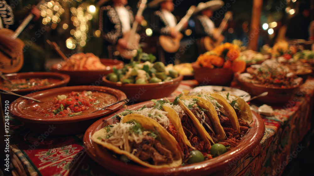 Fototapeta premium Delicious spread of traditional Mexican cuisine featuring tacos garnished with fresh cilantro, vibrant salsas, and accompanied by lively mariachi musicians in the background.