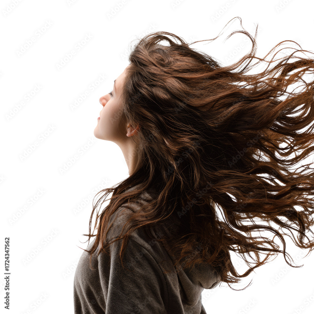 Naklejka premium Woman with long brown hair flowing in the wind, profile view against a transparent background. background removed