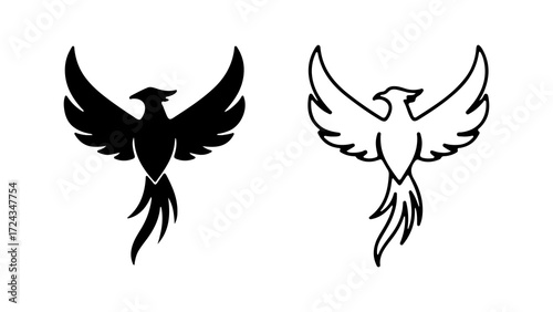 Stylized phoenix bird icon set in silhouette and outline.
