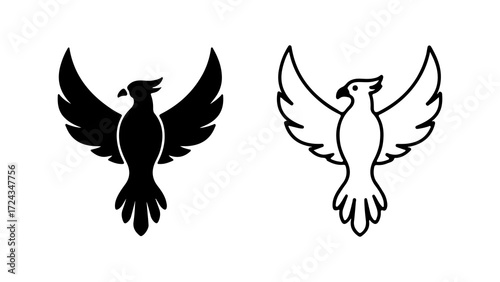 Stylized phoenix bird illustrations black and white.