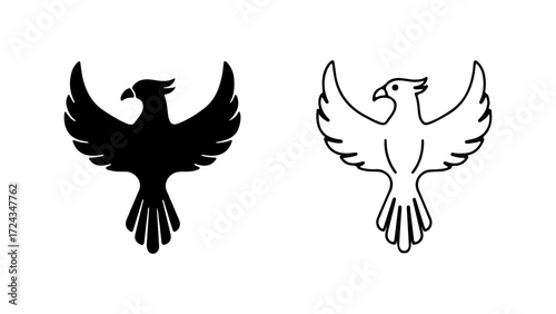 Stylized Phoenix Bird Silhouette and Outline Icon Set.