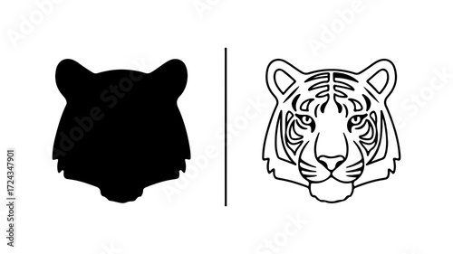 Tiger Head Silhouette and Outline Comparison.