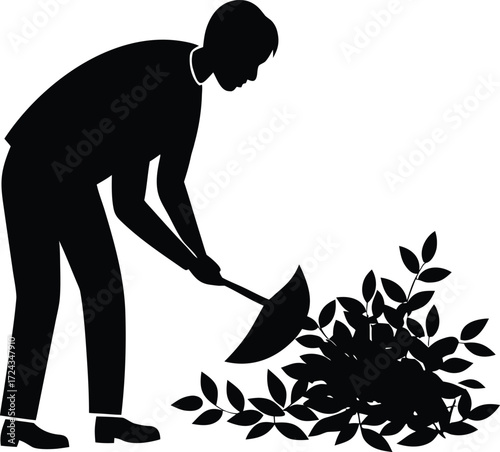Person raking fallen leaves pile vector