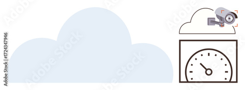 Large cloud, surveillance camera, and speedometer illustrating cloud storage, data security, and performance monitoring. Ideal for cloud computing, cybersecurity, technology, analytics data