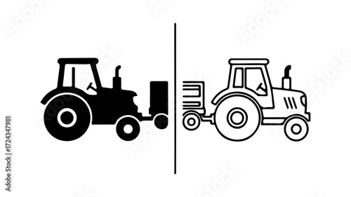 Tractor with trailer icon set in silhouette and outline style.