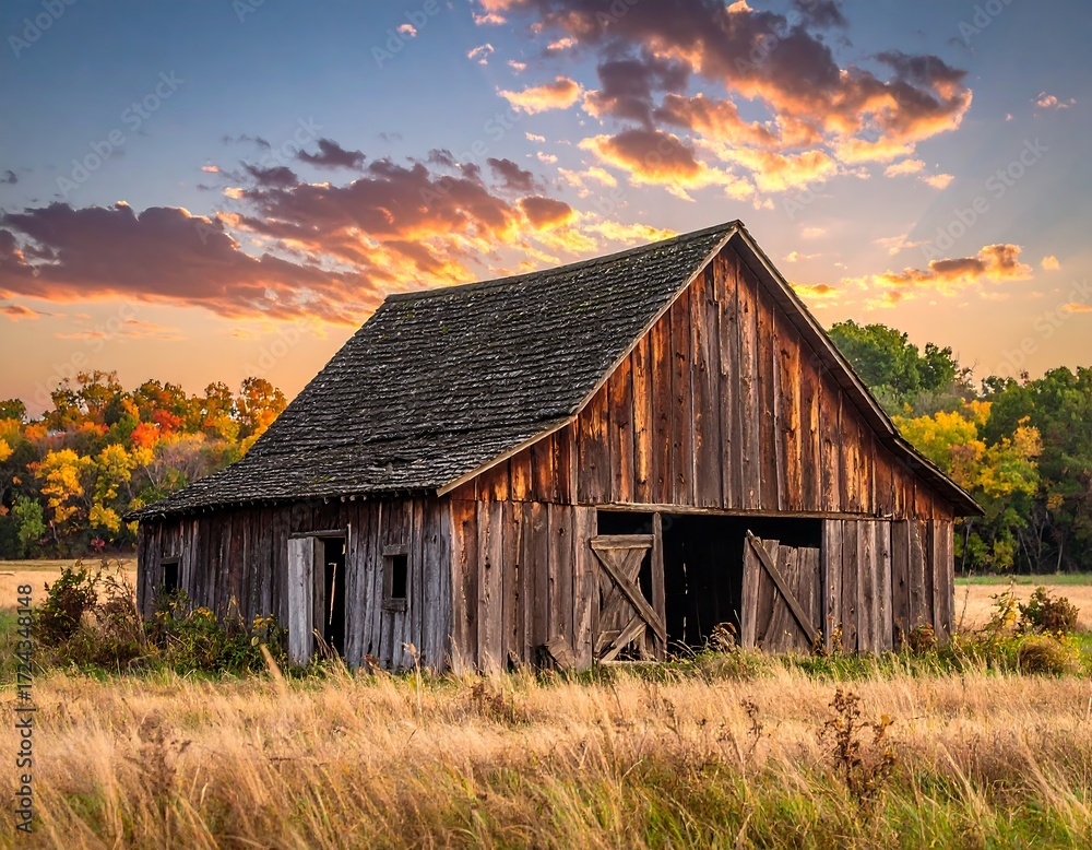 Obraz premium Rustic barn at autumn sunset