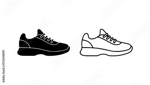 Two athletic sneakers one solid black and one outlined representing footwear for sports and casual wear.