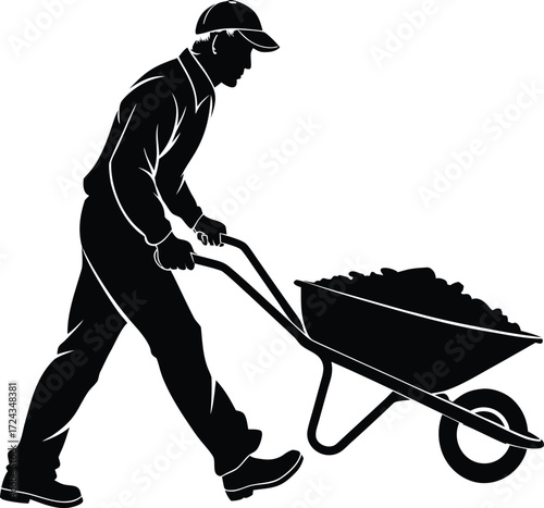 Man pushing wheelbarrow full soil vector