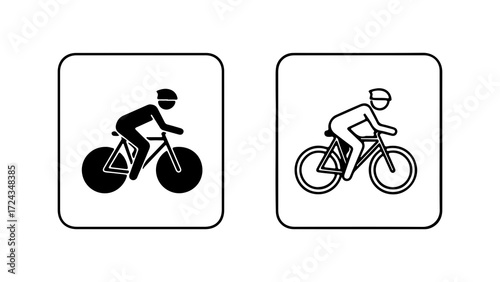Two black and white bicycle riders focused on the activity of cycling showing different styles of bicycle illustration highlighting the concept of cycling.
