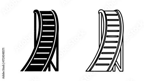 Two black and white images of a slide likely a water slide or similar amusement park ride are shown.