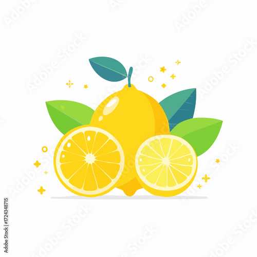 Yellow Lemon Fruit with Slices and Leaves Illustration