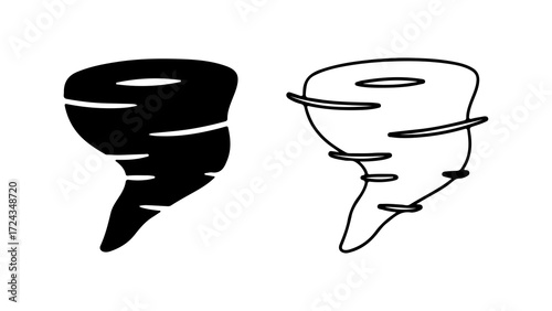Two black and white tornado illustrations one solid black one outline white both with swirling lines and a pointed bottom.