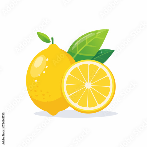 Fresh Yellow Lemon with Cut Slice and Green Leaves