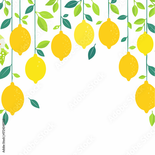 Yellow Lemons Hanging from Branches on White Background