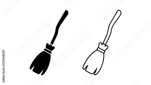 Two black and white witchs brooms simple line art style isolated on white background.
