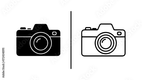 Two camera icons one black and one white focused on the details of the camera design highlighting the lens and body.