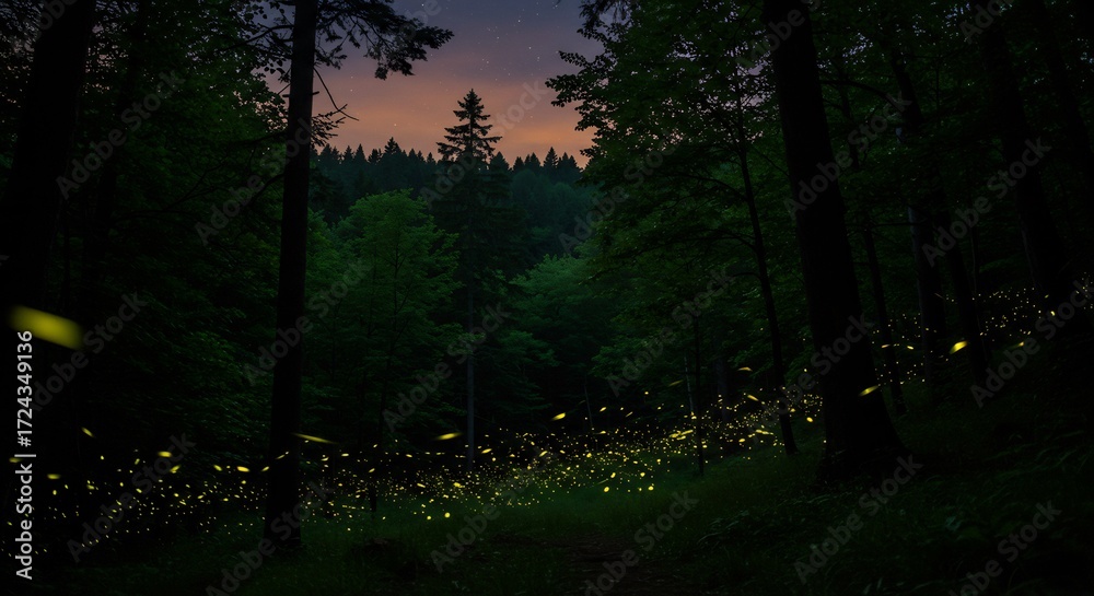 Fototapeta premium Magical fireflies illuminate a tranquil forest at twilight. AI Generated