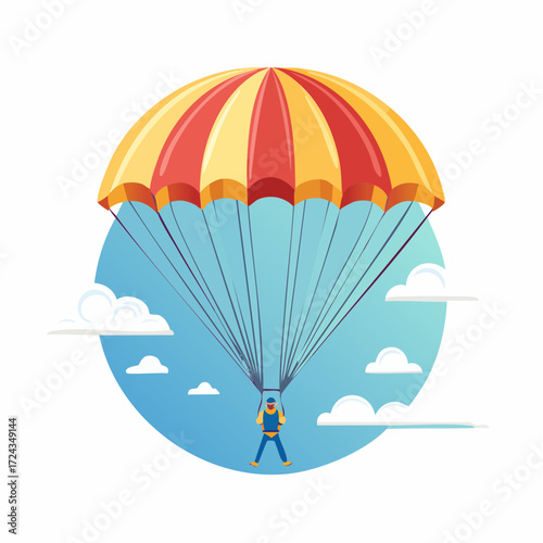 Parachutist Descending Under Red And Yellow Parachute