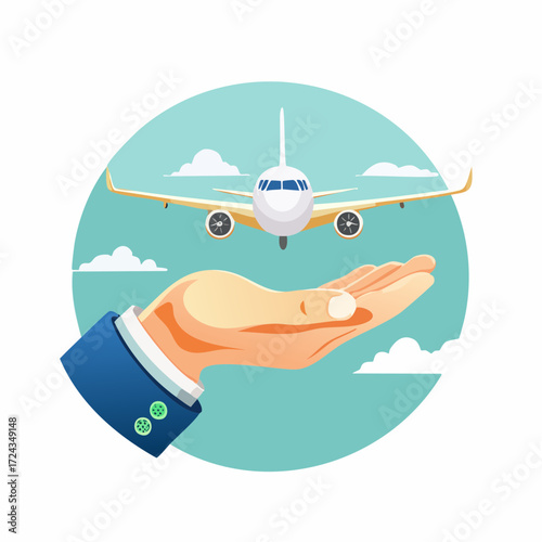 Airplane Landing on Open Hand, Travel Safety Concept