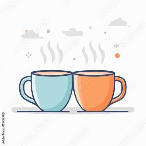 Two Mugs of Hot Coffee, Teal and Orange, Simple Line Art