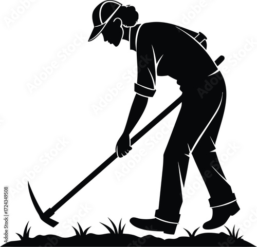 Person cultivating soil with hoe silhouette vector